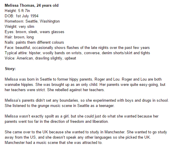 Here is a screenshot of part of the biography of Melissa Thomas, one of the characters in my book